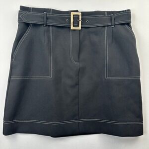M&S Collection‎ Black Belted Mini Skirt White Stitching Chic Career Casual Sz 14